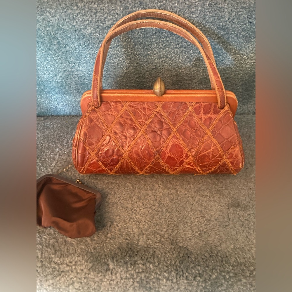 Vintage Early Alligator Crocodile Satchel Handbag midtone Tan BROWN Fabulous!